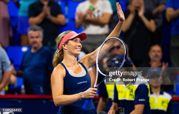 Danielle Collins of the United States celebrates defeating Maria Sakkari of Greece in the second round on Day 3 of the National Bank Open Montréal at...