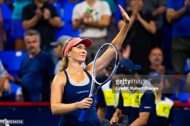 Danielle Collins of the United States celebrates defeating Maria Sakkari of Greece in the second round on Day 3 of the National Bank Open Montréal at...