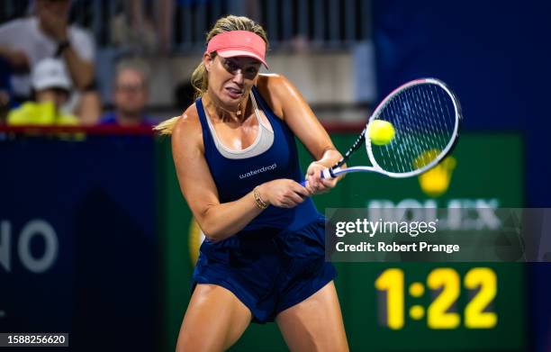 Danielle Collins of the United States in action against Maria Sakkari of Greece in the second round on Day 3 of the National Bank Open Montréal at...