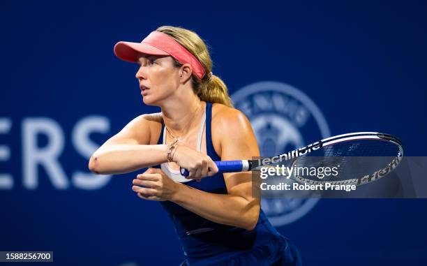 Danielle Collins of the United States in action against Maria Sakkari of Greece in the second round on Day 3 of the National Bank Open Montréal at...