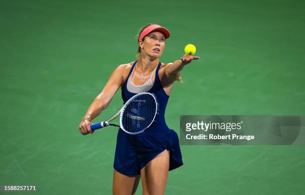 Danielle Collins of the United States in action against Maria Sakkari of Greece in the second round on Day 3 of the National Bank Open Montréal at...