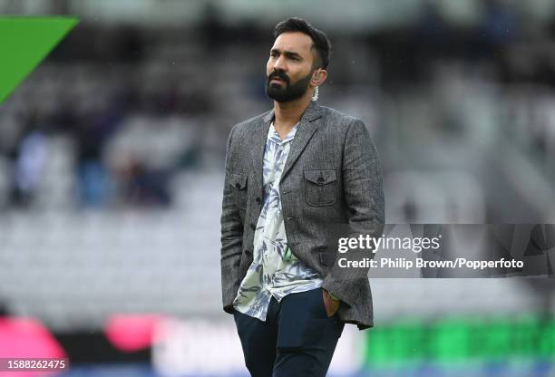 Dinesh Karthik of Sky Sports looks on before The Hundred match between London Spirit Men and Oval Invincibles Men at Lord's Cricket Ground on August...