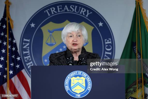 Secretary of the Treasury Janet Yellen delivers remarks regarding the Internal Revenue Service during an event at 22nd Century Technologies on August...