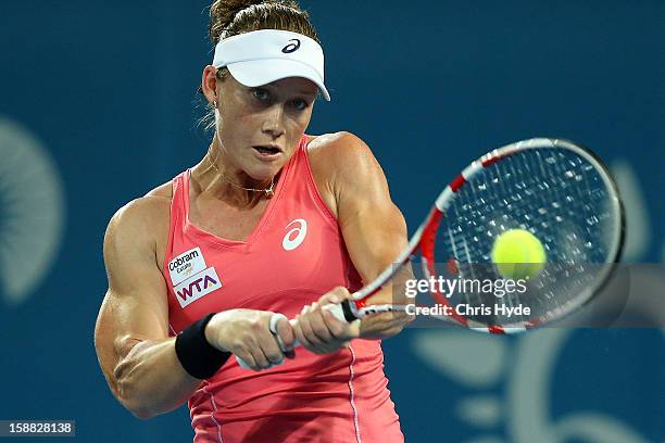 Sam Stosur of Australia plays a backhand in her match against Sofia Arvidsson of Sweden during day two of the Brisbane International at Pat Rafter...