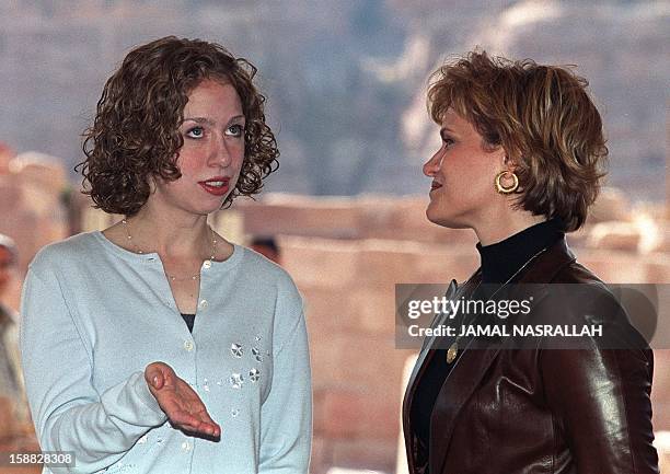 Chelsea Clinton chats with Princess Aisha, sister of King Abdallah II of Jordan, 12 November 1999 in Petra as Chelsea and her mother Hillary visited...