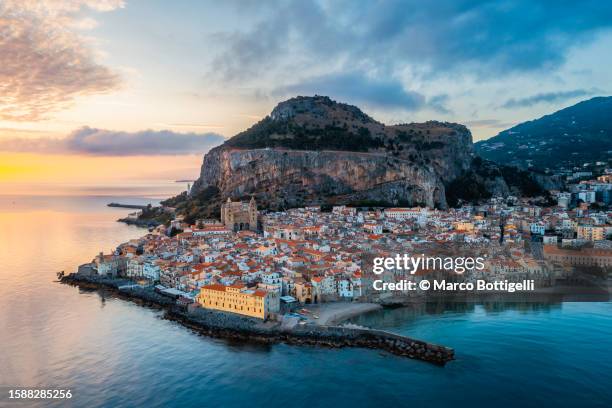 aerial cityscape at sunrise, cefalu, sicily - palermo sicilien bildbanksfoton och bilder