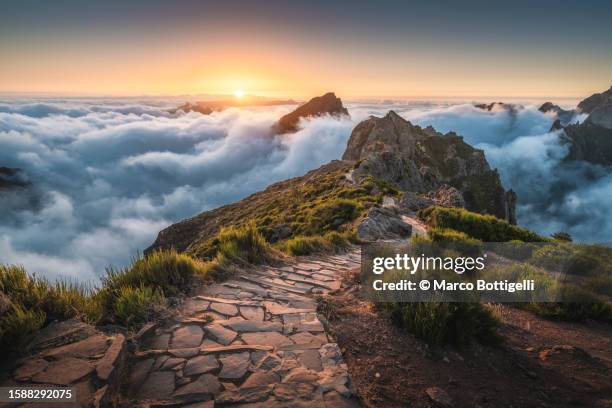 paved footpath at pico do arieiro, madeira island - mountain ridge stock pictures, royalty-free photos & images
