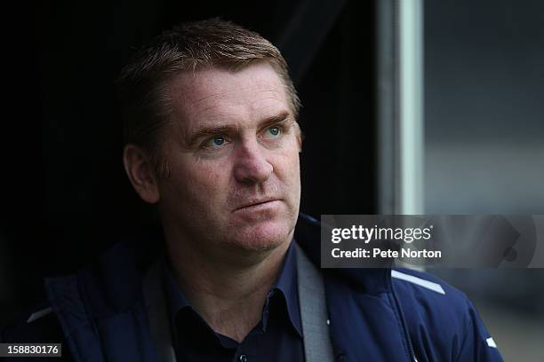 Walsall manager Dean Smith looks on prior to the npower League One match between Milton Keynes Dons and Walsall at Stadium mk on December 26, 2012 in...