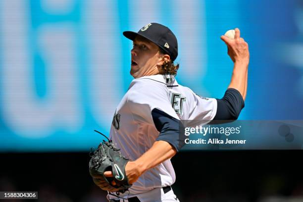 Logan Gilbert of the Seattle Mariners pitches during the first inning against the Boston Red Sox at T-Mobile Park on August 02, 2023 in Seattle,...