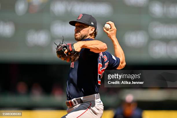 Kutter Crawford of the Boston Red Sox pitches during the first inning against the Seattle Mariners at T-Mobile Park on August 02, 2023 in Seattle,...
