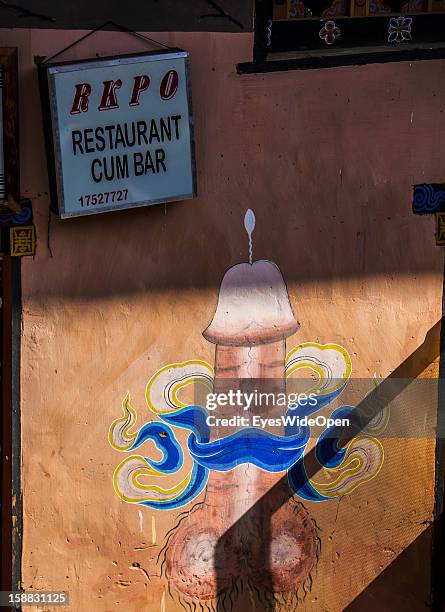 The village Chimi Lhakhang in the Punakha Valley with its temple, monastery is renowned for its fertility blessings, phallus or penis symbols, where...