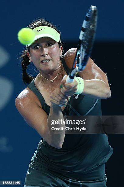 Sofia Arvidsson of Sweden plays a backhand in her match against Stosur of Australia during day two of the Brisbane International at Pat Rafter Arena...