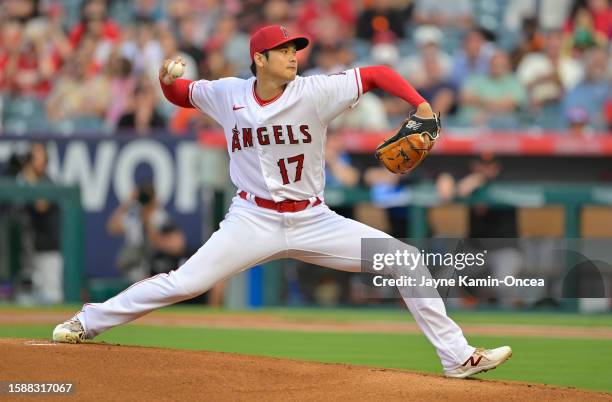 Shohei Ohtani of the Los Angeles Angels pitches in the first inning against the San Francisco Giants at Angel Stadium of Anaheim on August 9, 2023 in...