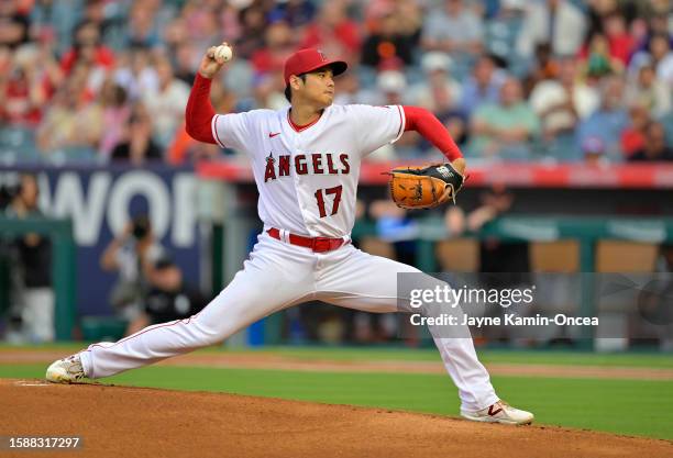 Shohei Ohtani of the Los Angeles Angels pitches in the first inning against the San Francisco Giants at Angel Stadium of Anaheim on August 9, 2023 in...