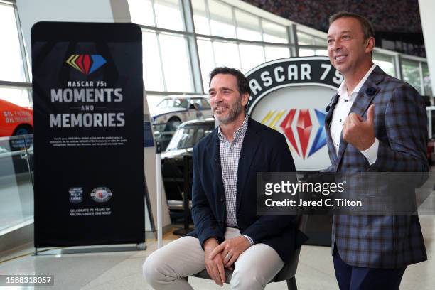 Jimmie Johnson and Chad Knaus speak with the media after receiving the votes to be inducted during the NASCAR Hall of Fame Voting Day at NASCAR Hall...