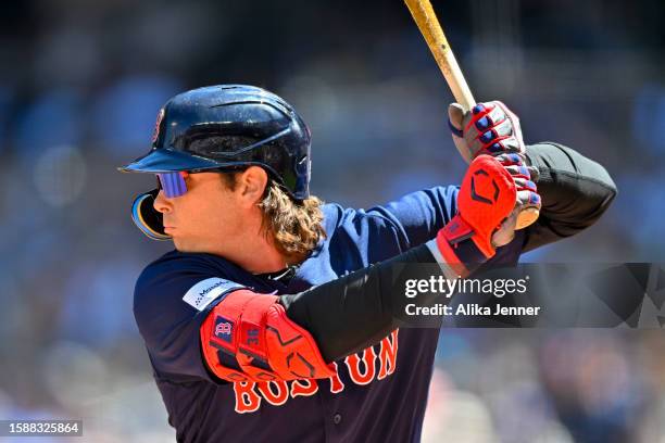 Triston Casas of the Boston Red Sox waits for a pitch during an at-bat in the second inning against the Seattle Mariners at T-Mobile Park on August...