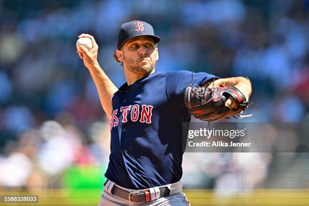 Kutter Crawford of the Boston Red Sox pitches during the second inning against the Seattle Mariners at T-Mobile Park on August 02, 2023 in Seattle,...