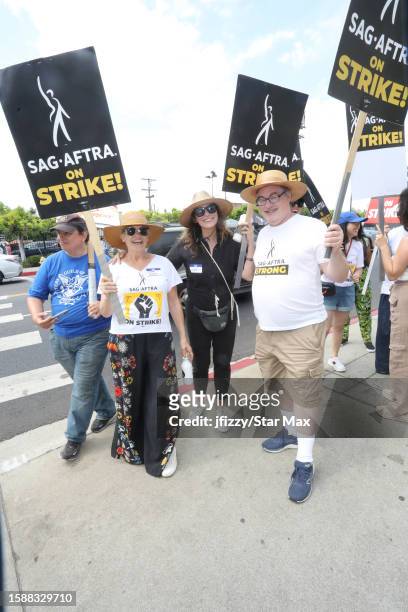 Elizabeth Dennehy, Michelle Forbes and John Billingsley walk the picket line in support of the SAG-AFTRA and WGA strike at Paramount Studios on...