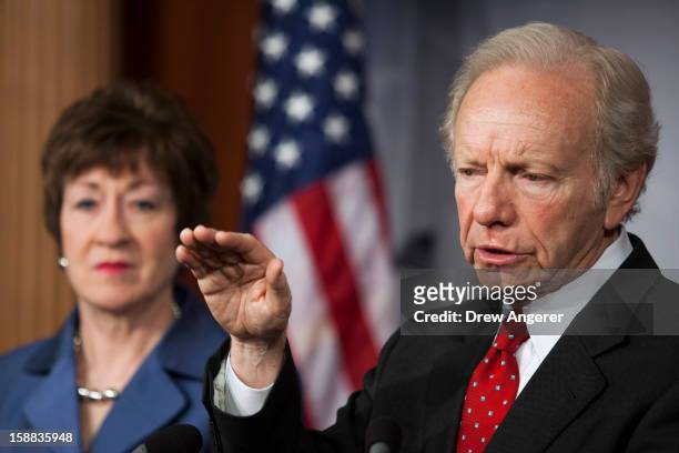 Senators Joe Lieberman and Susan Collins hold a press conference about their report on the Benghazi consulate attack, on Capitol Hill, on December...