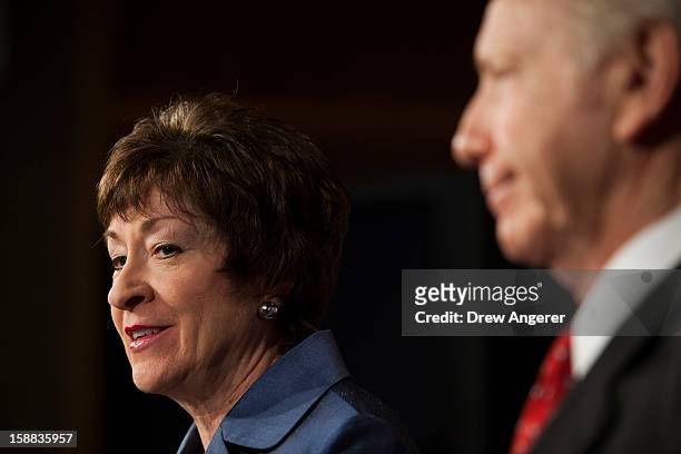 Senators Susan Collins and Joe Lieberman hold a press conference about their report on the Benghazi consulate attack, on Capitol Hill, on December...