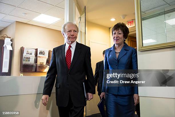 Senators Joe Lieberman and Susan Collins arrive for a press conference about their report on the Benghazi consulate attack, on Capitol Hill, on...