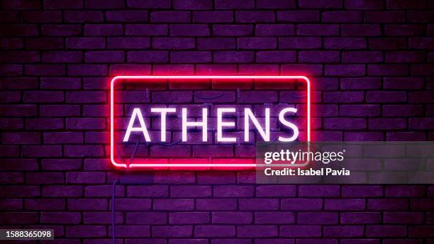 athens word in neon lights - luce fluorescente foto e immagini stock