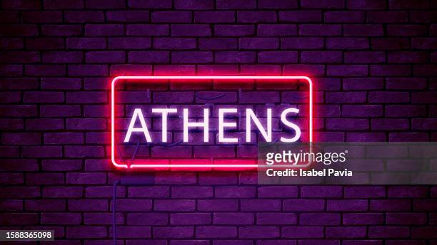 athens word in neon lights - athens greece imagens e fotografias de stock