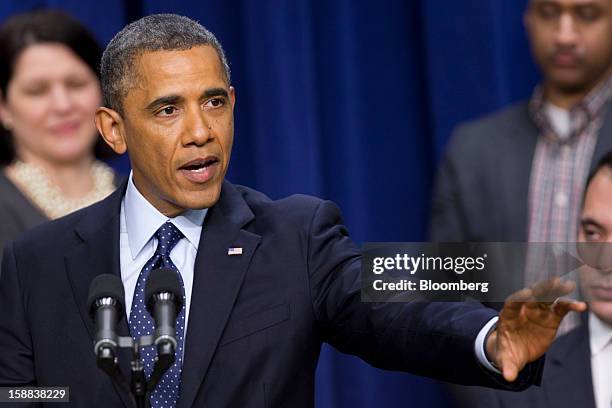 President Barack Obama speaks in the South Court Auditorium of the Eisenhower Executive Building next to the White House in Washington, D.C., U.S.,...