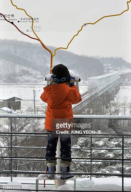 Boy looks at the North side from an observation tower of Imjingak peace park in Paju near the Demilitarized Zone dividing the two Koreas on January...