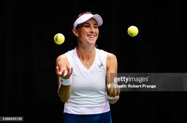 Belinda Bencic of Switzerland warms up before the second round on Day 3 of the National Bank Open Montréal at Stade IGA on August 09, 2023 in...