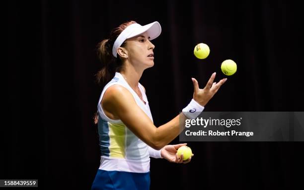 Belinda Bencic of Switzerland warms up before the second round on Day 3 of the National Bank Open Montréal at Stade IGA on August 09, 2023 in...