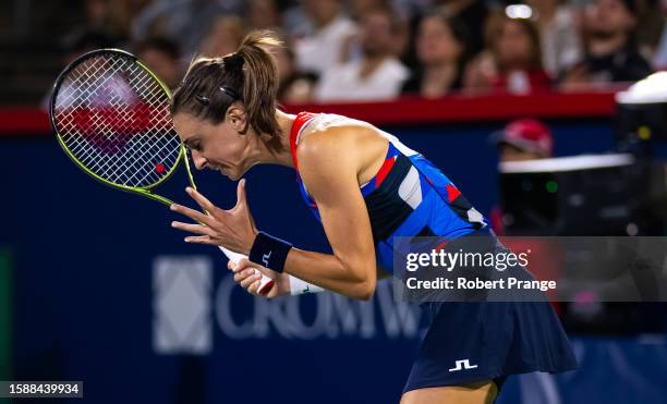 Petra Martic of Croatia in action against Aryna Sabalenka in the second round on Day 3 of the National Bank Open Montréal at Stade IGA on August 09,...