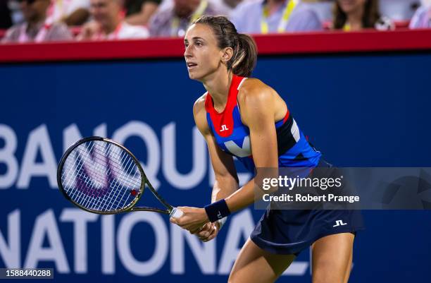 Petra Martic of Croatia in action against Aryna Sabalenka in the second round on Day 3 of the National Bank Open Montréal at Stade IGA on August 09,...