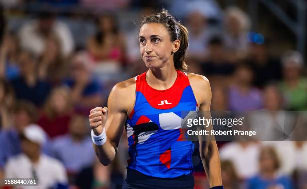 Petra Martic of Croatia in action against Aryna Sabalenka in the second round on Day 3 of the National Bank Open Montréal at Stade IGA on August 09,...