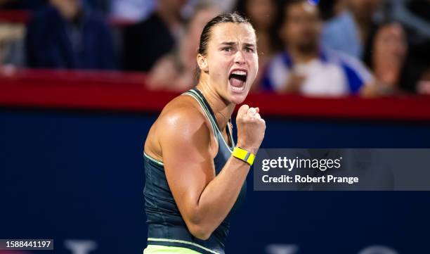 Aryna Sabalenka in action against Petra Martic of Croatia in the second round on Day 3 of the National Bank Open Montréal at Stade IGA on August 09,...