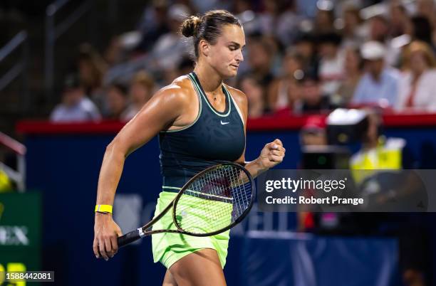 Aryna Sabalenka in action against Petra Martic of Croatia in the second round on Day 3 of the National Bank Open Montréal at Stade IGA on August 09,...