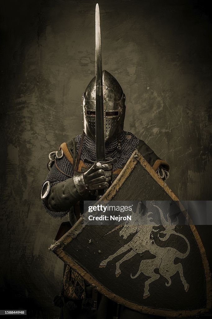 Medieval knight on grey background