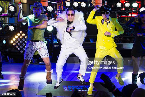 Musician Psy performs during New Year's Eve 2013 In Times Square at Times Square on December 31, 2012 in New York City.