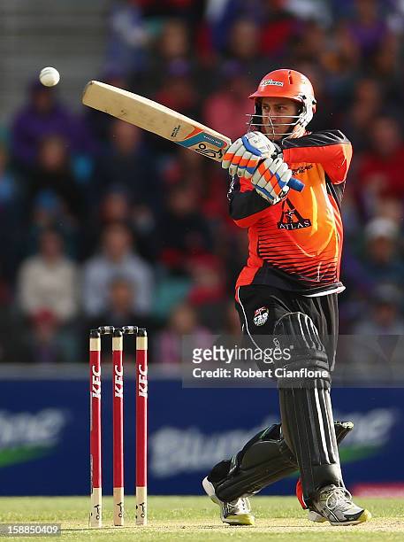 Simon Katich of the Scorchers bats during the Big Bash League match between the Hobart Hurricanes and the Perth Scorchers at Blundstone Arena on...