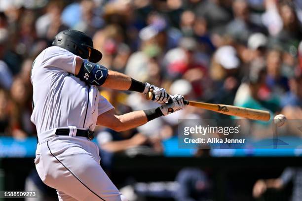 Cal Raleigh of the Seattle Mariners bats during the sixth inning against the Boston Red Sox at T-Mobile Park on August 02, 2023 in Seattle,...
