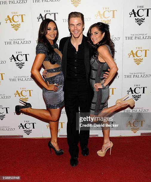Dancers Cheryl Burke, Derek Hough and actress Kelly Monaco arrive at the New Year's Eve celebration at The Act at The Palazzo on December 31, 2012 in...