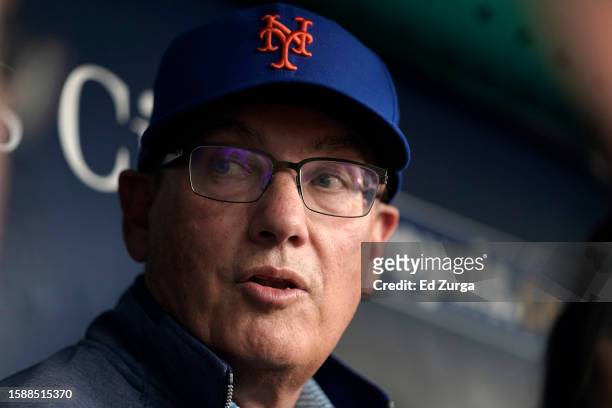 Owner Steve Cohen of the New York Mets talks with members of the media prior to a game between the New York Mets and Kansas City Royals at Kauffman...