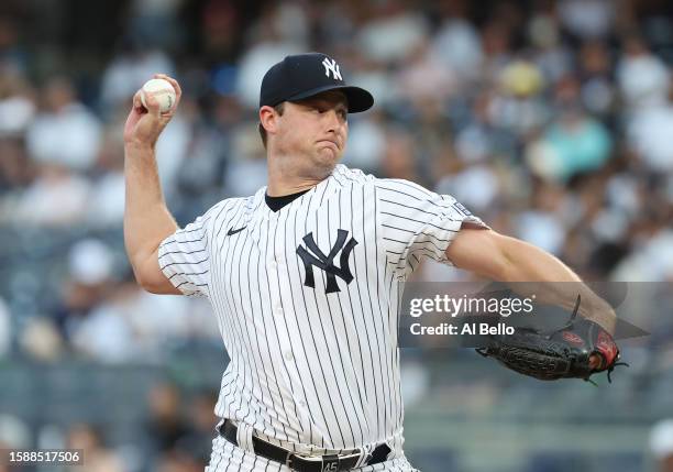 Gerrit Cole of the New York Yankees pitches against the Tampa Bay Rays during their game at Yankee Stadium on August 2, 2023 in Bronx borough of New...