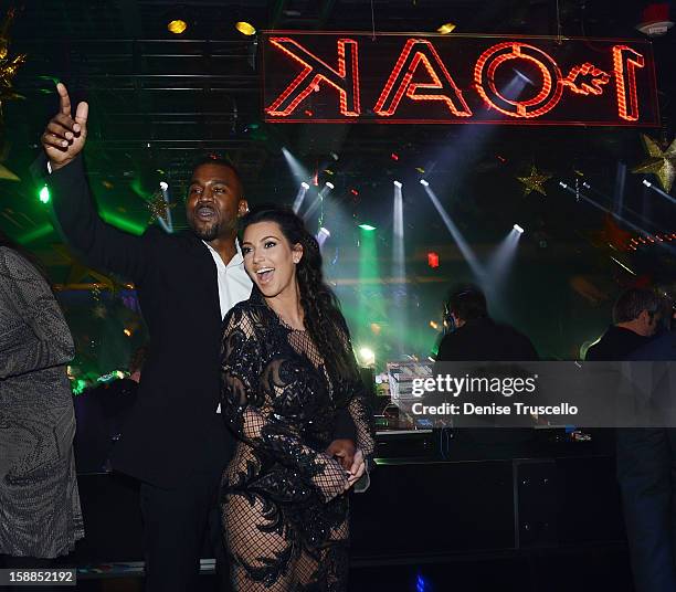 Kanye West and Kim Kardashian celebrate New Year's Eve countdown at 1 OAK Nightclub at The Mirage Hotel & Casino on December 31, 2012 in Las Vegas,...