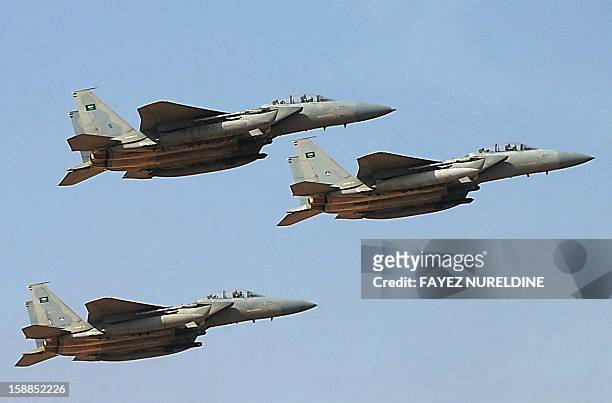 Jet fighters of the Saudi Royal air force performs during the graduation ceremony of the 83rd batch of King Faisal Air Academy students that was...