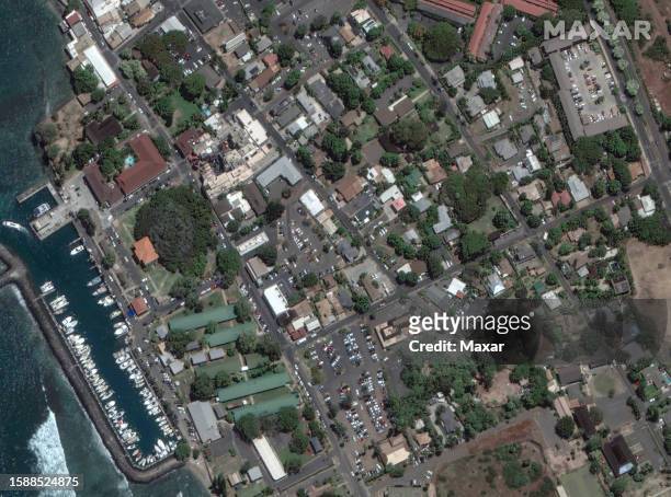 Maxar satellite imagery of the Banyan Court area before the Lahaina Wildfire. Please use: Satellite image 2023 Maxar Technologies.