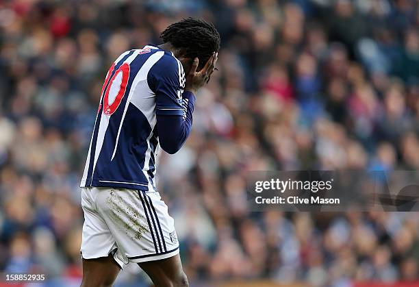 Romelu Lukaku of West Bromwich Albion rues a missed opportunity during the Barclays Premier League match between West Bromwich Albion and Fulham at...