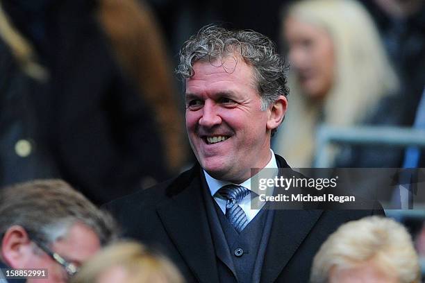 Ex Manchester City CEO Garry Cook looks on prior to the Barclays Premier League match between Manchester City and Stoke City at the Etihad Stadium on...