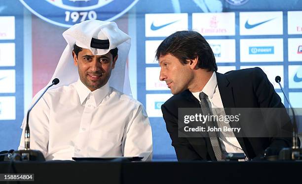 Nasser Al-Khelaifi, president of PSG and Leonardo, manager of PSG, attend the official unveiling of Lucas Moura as a player of Paris Saint-Germain...