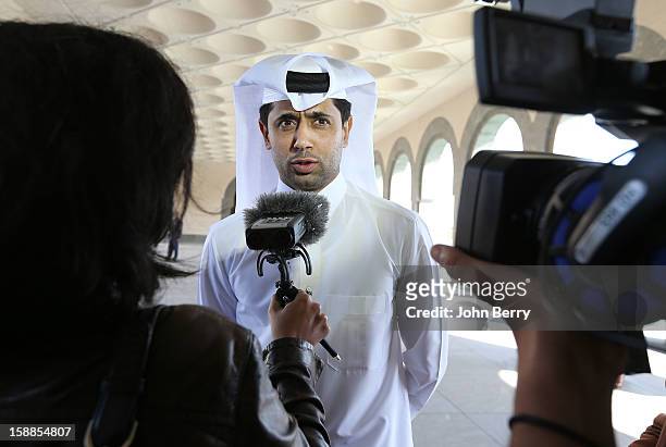 Nasser Al-Khelaifi, president of PSG speaks to members of the media at the official unveiling of Lucas Moura as a player of Paris Saint-Germain...